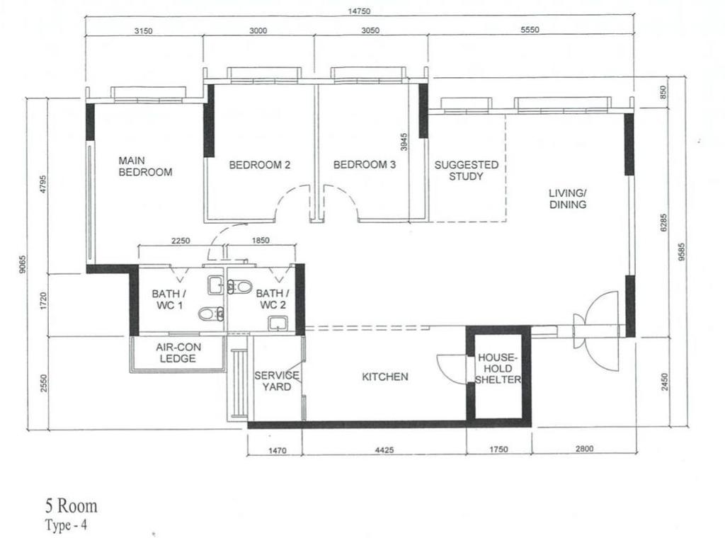 Modern, HDB, Sumang Lane, Interior Designer, Absolook Interior Design, 5 Room Type 4, 5 Room Hdb Floorplan, Original Floorplan