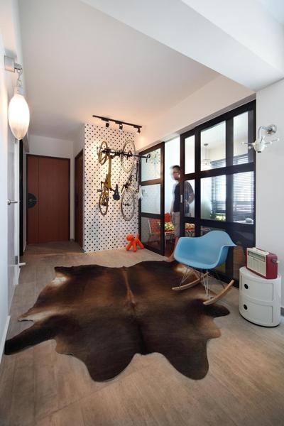 Ghim Moh Link, Fuse Concept, Scandinavian, Living Room, HDB, Doors, Sliding Door, Tv Feature Wall, Full Length Window, Eero Aarnio Puppy, Track Lighting, Side Table, Wall Sculpture, Sculpture, Table, Parquet, Rug, Chair, Rocking Chair, Wall Lamp, Bicycle, Feature Wall, Furniture