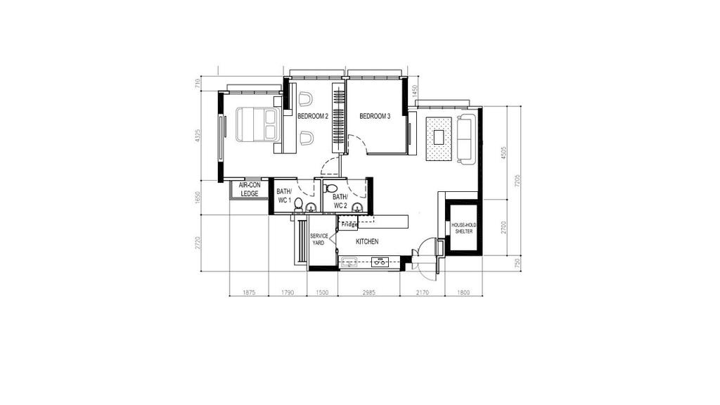 Contemporary, HDB, Compassvale Bow, Interior Designer, Orange Interior, 4 Room Hdb Floorplan, 4 Room Apartment, Type 3, After Floorplan