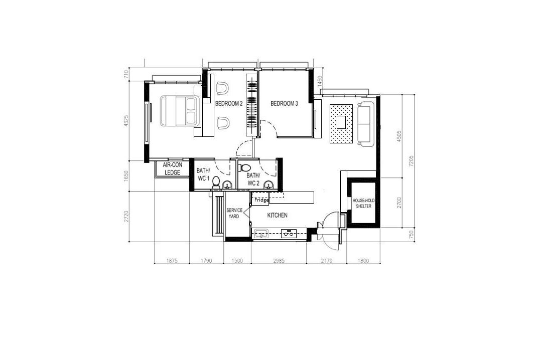 Compassvale Bow, Orange Interior, Contemporary, HDB, 4 Room Hdb Floorplan, 4 Room Apartment, Type 3, After Floorplan