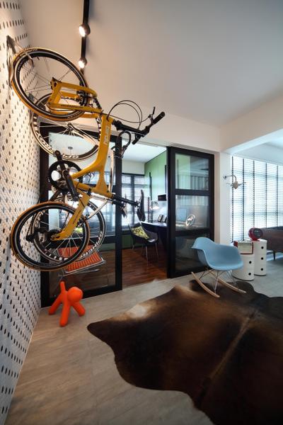 Ghim Moh Link, Fuse Concept, Scandinavian, Living Room, HDB, Bicycle, Rug, Parquet, Tv Feature Wall, Eero Aarnio Puppy, Track Lighting, Full Length Window, Venetian Blinds, Rocking Chair, Side Table, Table, Wall Sculpture, Feature Wall, Chair, Furniture, Bike, Transportation, Vehicle