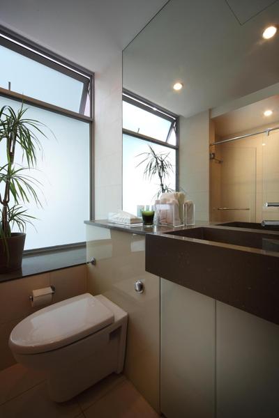 Pavilion, Fuse Concept, Modern, Bathroom, Condo, Frosted Windows, Plants, Beige, Mirror, Vessel Sink, Bathroom Counter, Neutral Tones, Frosted Glass, Flora, Jar, Plant, Potted Plant, Pottery, Vase, Arecaceae, Palm Tree, Tree, Indoors, Interior Design