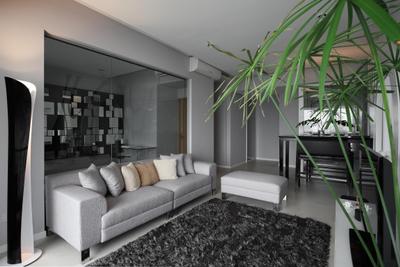 Pavilion, Fuse Concept, Modern, Living Room, Condo, Standing Lamp, Sofa, Chair, Rug, Footstool, Leg Rest, Plants, Glass Wall, Tv Feature Wall, Monochrome, Feature Wall, HDB, Building, Housing, Indoors, Loft, Room, Furniture
