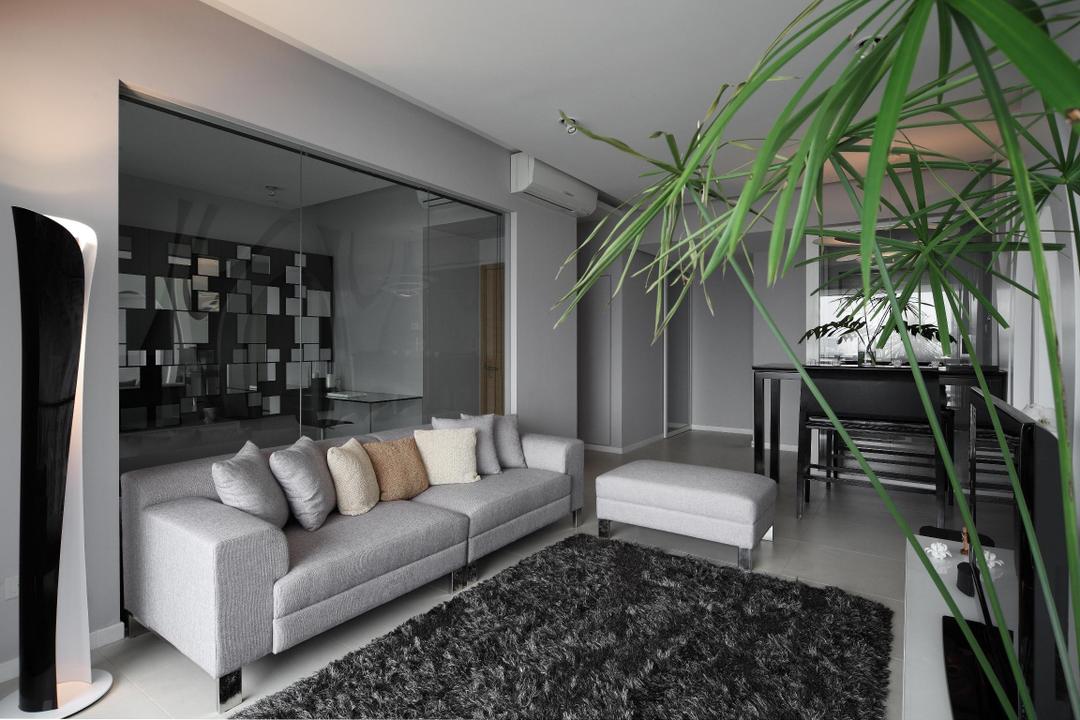Pavilion, Fuse Concept, Modern, Living Room, Condo, Standing Lamp, Sofa, Chair, Rug, Footstool, Leg Rest, Plants, Glass Wall, Tv Feature Wall, Monochrome, Feature Wall, HDB, Building, Housing, Indoors, Loft, Room, Furniture
