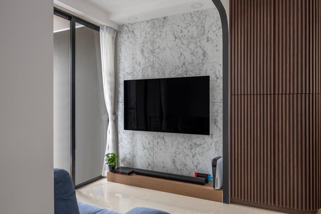 Modern, Condo, Living Room, Whistler Grand, Interior Designer, Charlotte's Carpentry, Modern Luxury, Marble Feature Wall, Fluted Panels, False Ceiling, Downlight, Recessed Lighting, Tv Console, Curtain