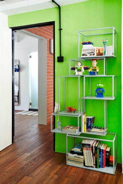 Strathmore Avenue, Fuse Concept, Eclectic, Living Room, HDB, Display Unit, Bookshelf, Shelves, Shelf, Red Brick Wall, Raw, Green, Mat, Toy