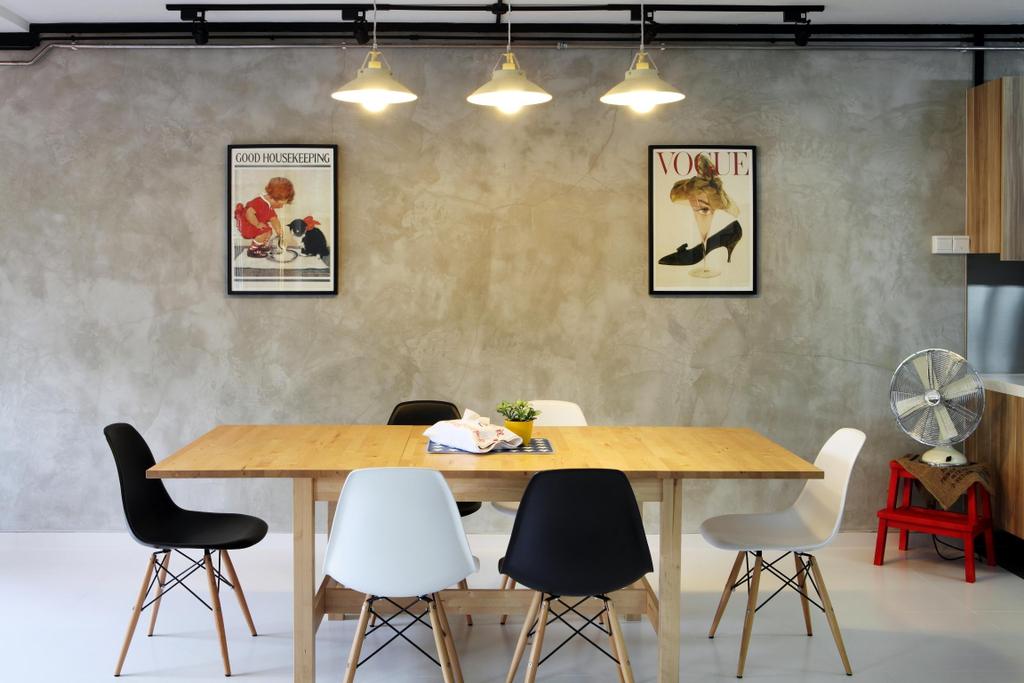 Eclectic, HDB, Dining Room, Yishun Ring, Interior Designer, Fuse Concept, Hanging Light, Dining Table, Table, Chair, Painting, Fan, Stool, Parquet, Wood Laminate, Wood, Laminates, Furniture, Plywood, Indoors, Interior Design, Room, Bar Stool