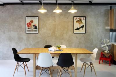Yishun Ring, Fuse Concept, Eclectic, Dining Room, HDB, Hanging Light, Dining Table, Table, Chair, Painting, Fan, Stool, Parquet, Wood Laminate, Wood, Laminates, Furniture, Plywood, Indoors, Interior Design, Room, Bar Stool