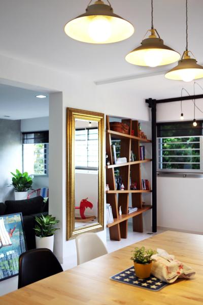 Yishun Ring, Fuse Concept, Eclectic, Dining Room, HDB, Dining Table, Gilded Mirror, Mirror, Full Length Mirror, Cubbyhole, Display Unit, Hanging Light, Pendant Light, Wood Laminate, Wood, Laminates, Plants, Table, Flora, Jar, Plant, Potted Plant, Pottery, Vase, Bookcase, Furniture, Shelf