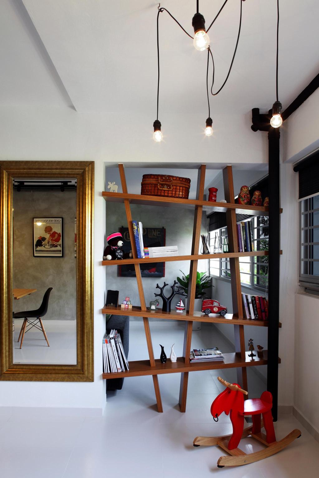 Eclectic, HDB, Living Room, Yishun Ring, Interior Designer, Fuse Concept, Gilded Mirror, Display Unit, Cubbyhole, Hanging Light, Pendant Light, Shelf, Shelves, Full Length Mirror, Mirror, Rocking Chair, Kids, Flora, Jar, Plant, Potted Plant, Pottery, Vase, Chair, Furniture, Bookcase