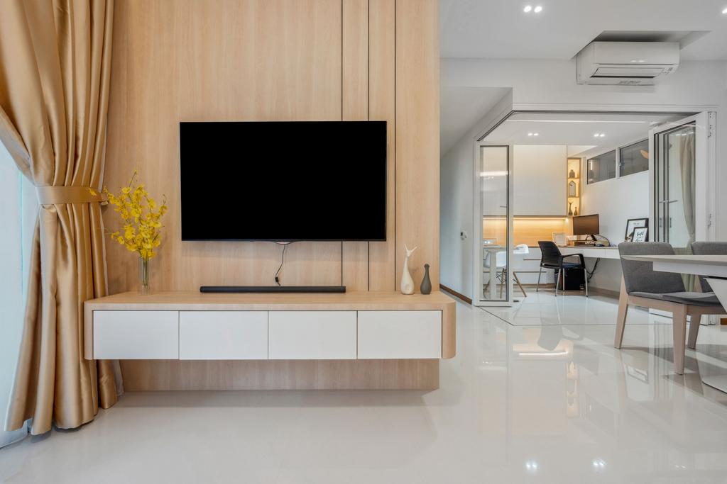 Modern, Condo, Living Room, The Tampines Trilliant, Interior Designer, The Makers Design Studio, Tv Feature Wall, Floating Console, Tv Console, False Ceiling, Downlight