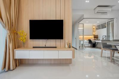 The Tampines Trilliant, The Makers Design Studio, Modern, Living Room, Condo, Tv Feature Wall, Floating Console, Tv Console, False Ceiling, Downlight