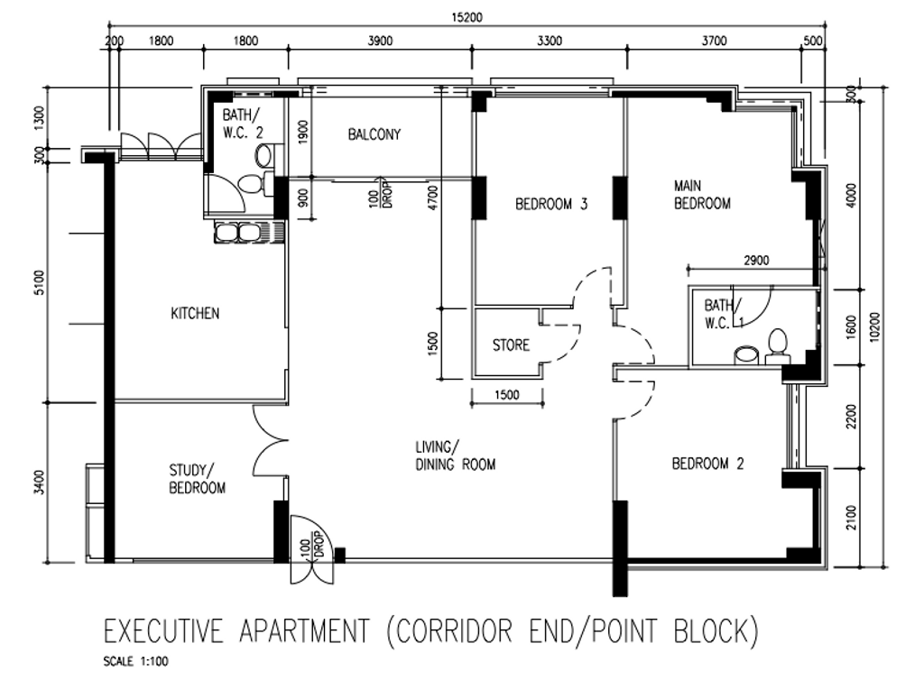 Contemporary, HDB, Pasir Ris Street 52, Interior Designer, erstudio, Original Floorplan, Executive Apartment Corridor End Point Block, Executive Floorplan