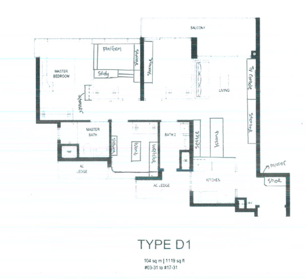 Modern, Condo, Parc Esta Condo, Interior Designer, Jialux Interior, 3 Bedder Condo Floorplan, Type D 1, Original Floorplan