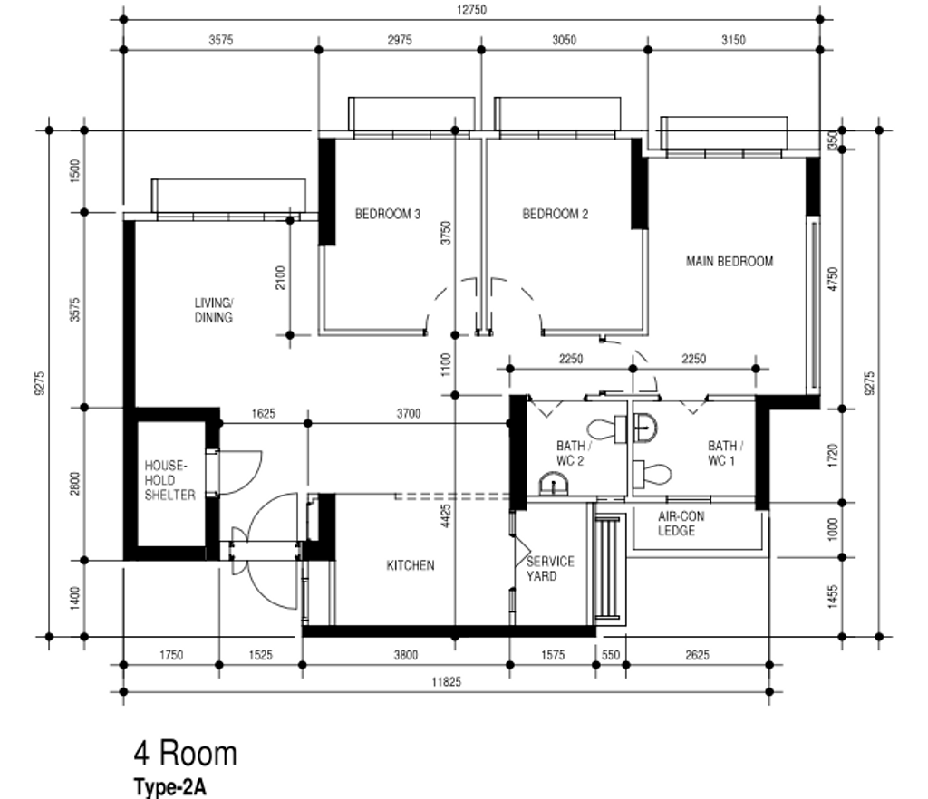 Modern, HDB, Alkaff Crescent, Interior Designer, LOME Interior, 4 Room Type 2 A, Original Floorplan, 4 Room Hdb Floorplan