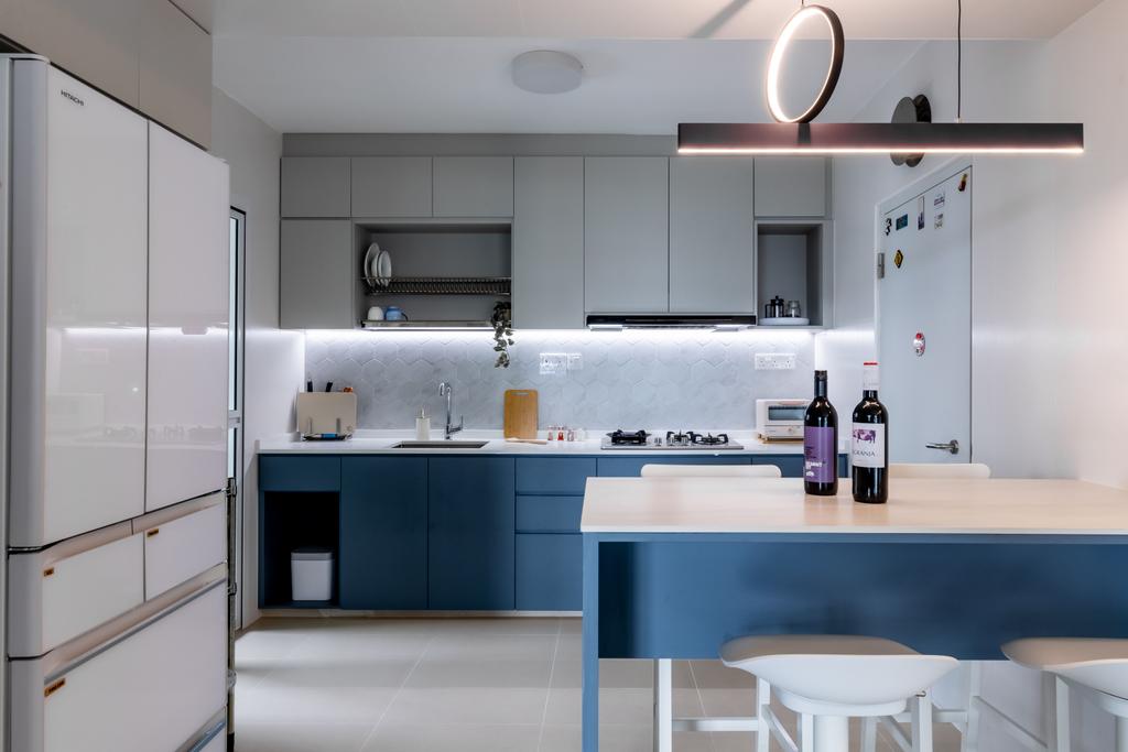 Modern, HDB, Kitchen, SkyResidence @ Dawson, Interior Designer, Charlotte's Carpentry, Open Kitchen Concept, Dining Table, Tiles Backsplash, Blue, Kitchen Cabinet