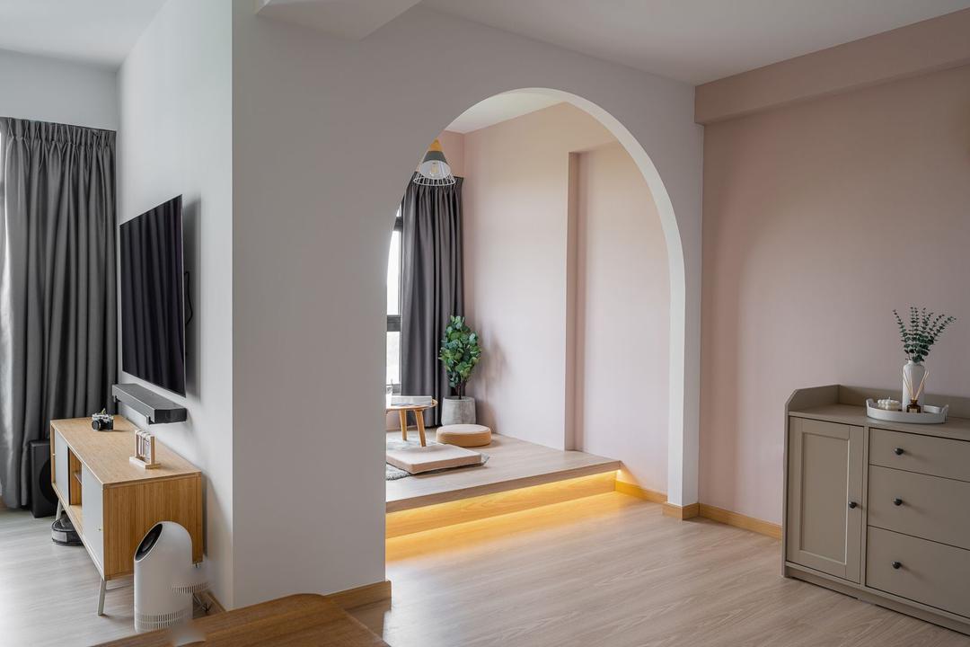 Fernvale Glades, SG Interior KJ, Minimalist, Scandinavian, Living Room, HDB, Nook, Raised Platform, Pink Wall, Arch
