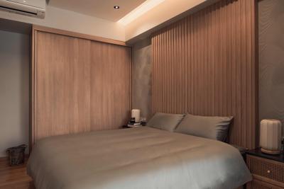 The Viridian, Intheory Design, Minimalist, Bedroom, Condo, Feature Wall, Fluted Panels, Ratten