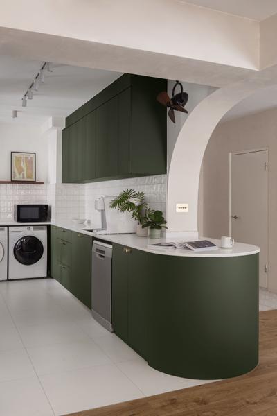 Woodleigh Glen, Fifth Avenue Interior, Scandinavian, Kitchen, HDB, Open Kitchen Concept, Green, Kitchen Cabinets, Backsplash
