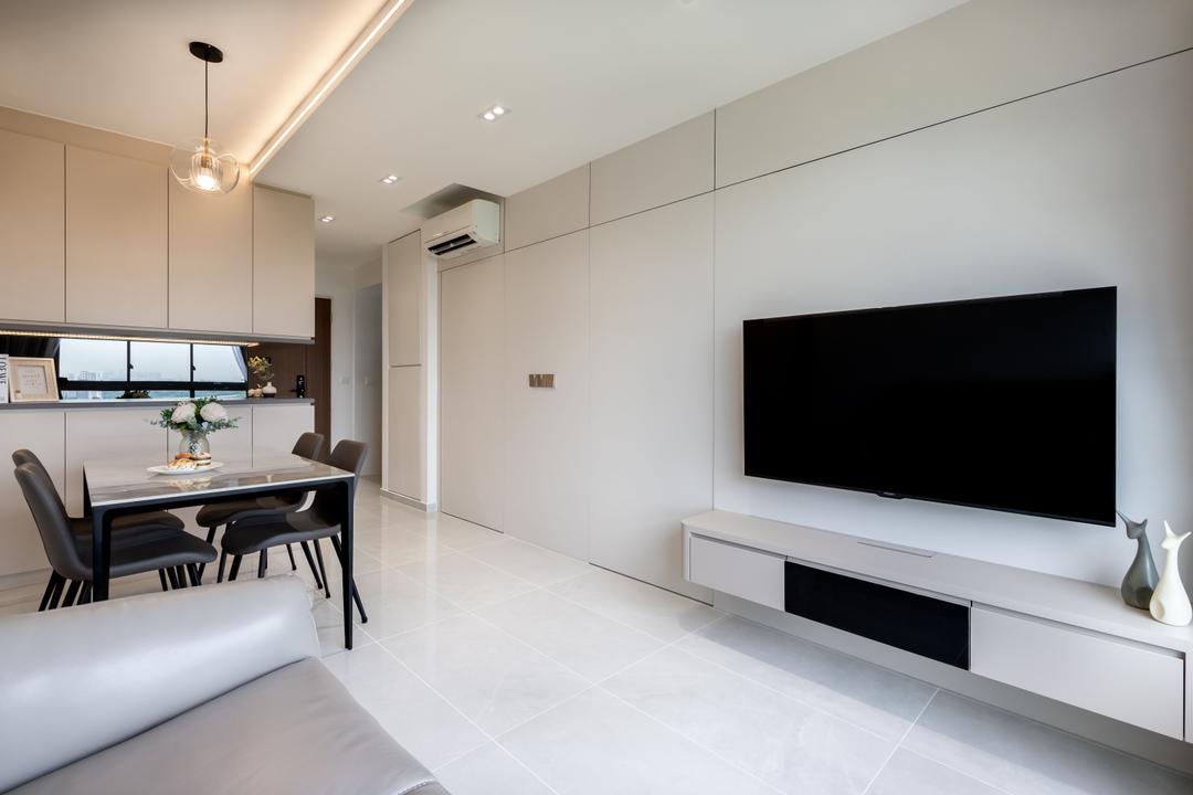 Punggol Drive, The Makers Design Studio, Modern, Living Room, HDB, White, Floating Console, Tv Console, False Ceiling, Downlight, Cove Light, Display Cabinets