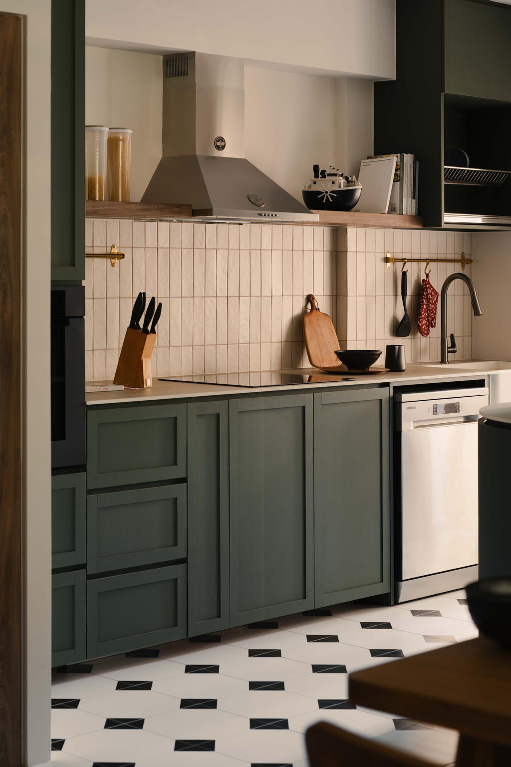 Modern, HDB, Kitchen, Punggol Way, Interior Designer, The Local INN.terior 新家室, Scandinavian, Green, Kitchen Cabinets, Backsplash