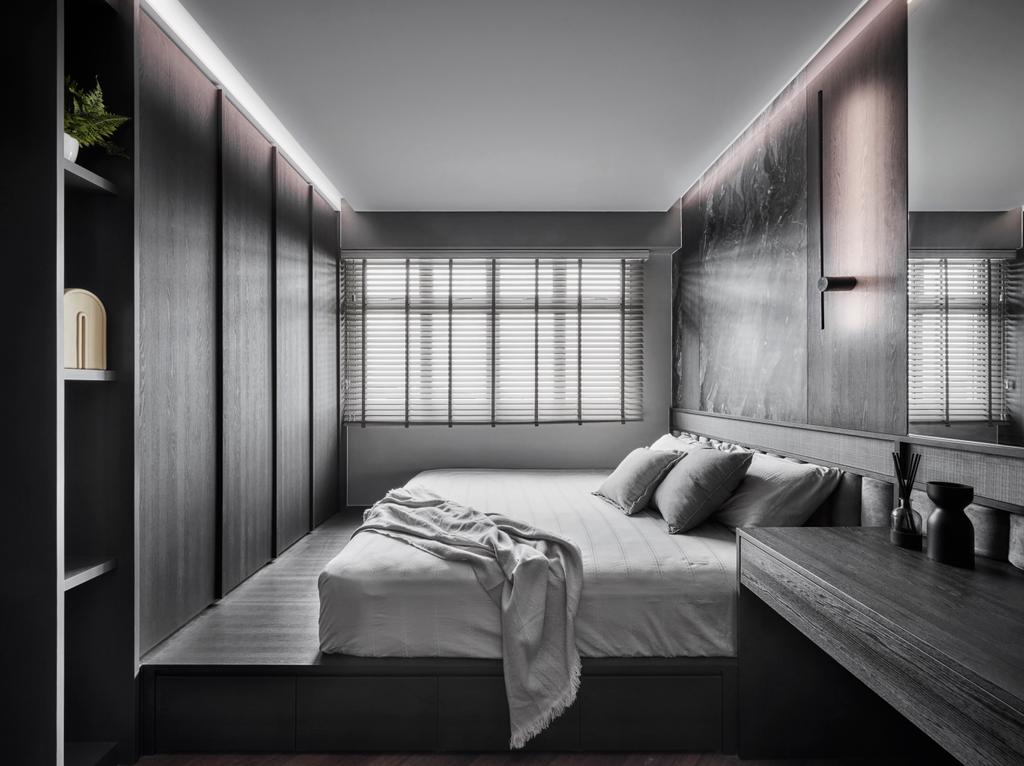 Contemporary, HDB, Bedroom, Senja Close, Interior Designer, Happe Design Atelier, Grey, Monotone, Platform Bed