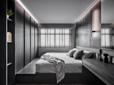 Senja Close, Happe Design Atelier, Contemporary, Bedroom, HDB, Grey, Monotone, Platform Bed
