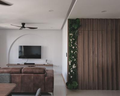 Clementi Avenue 6, Loft.9 Design Studio 九阁设计, Contemporary, Living Room, HDB, Feature Wall, Arch, Fluted Panels, Plants, Downlight, Concealed Door
