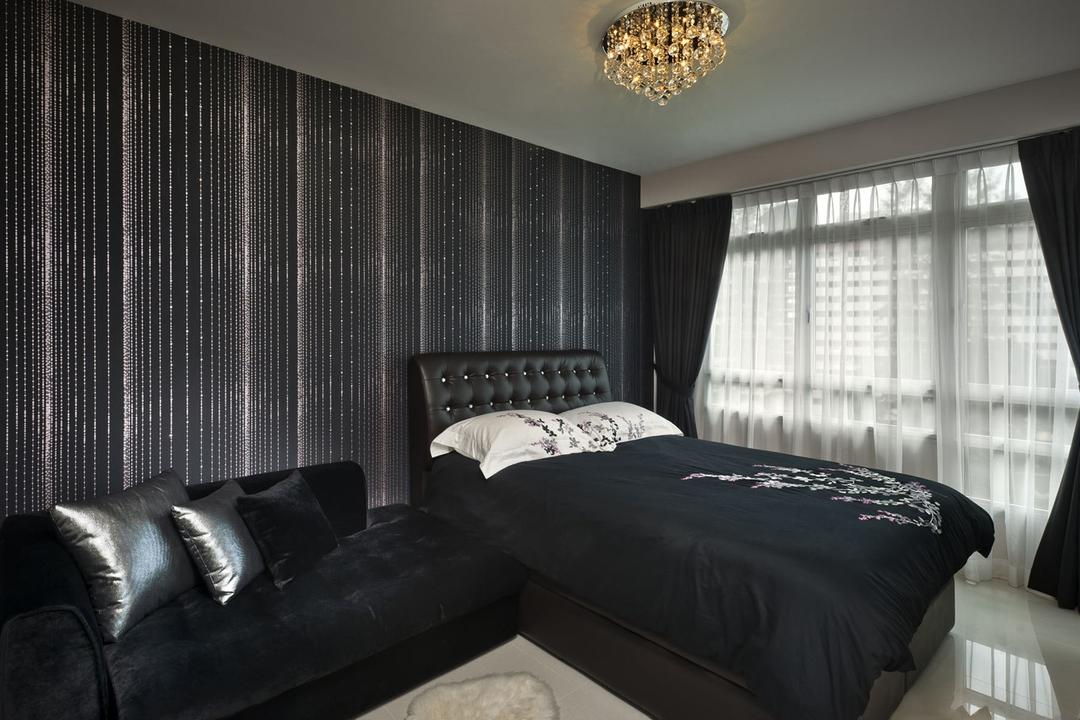 Bendemeer, Space Factor, Modern, Bedroom, HDB, Wallpaper, Stripes, Striped Wall, Chaise Lounge, Black, Chandelier, Lighting, Couch, Furniture, Indoors, Interior Design, Room, Bed