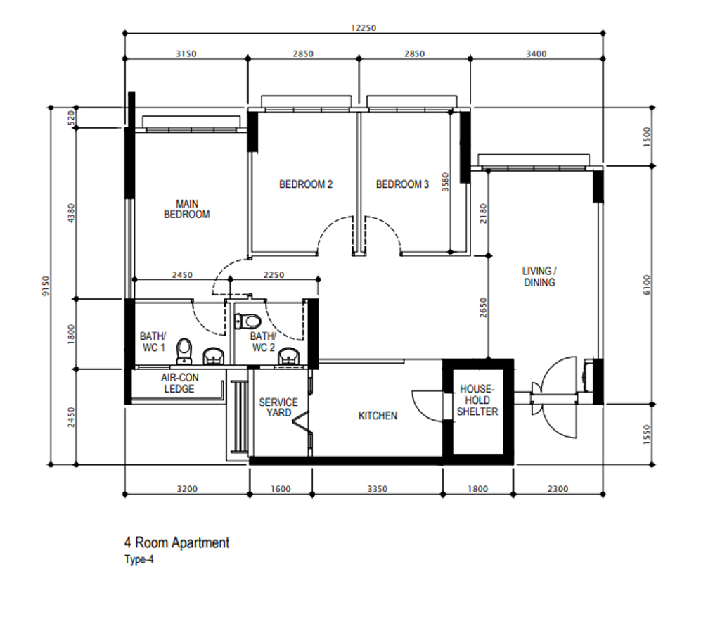 Modern, HDB, Circuit Road, Interior Designer, Starry Homestead, Minimalist, Original Floorplan, 4 Room Apartment Type 1, 4 Room Hdb Floorplan
