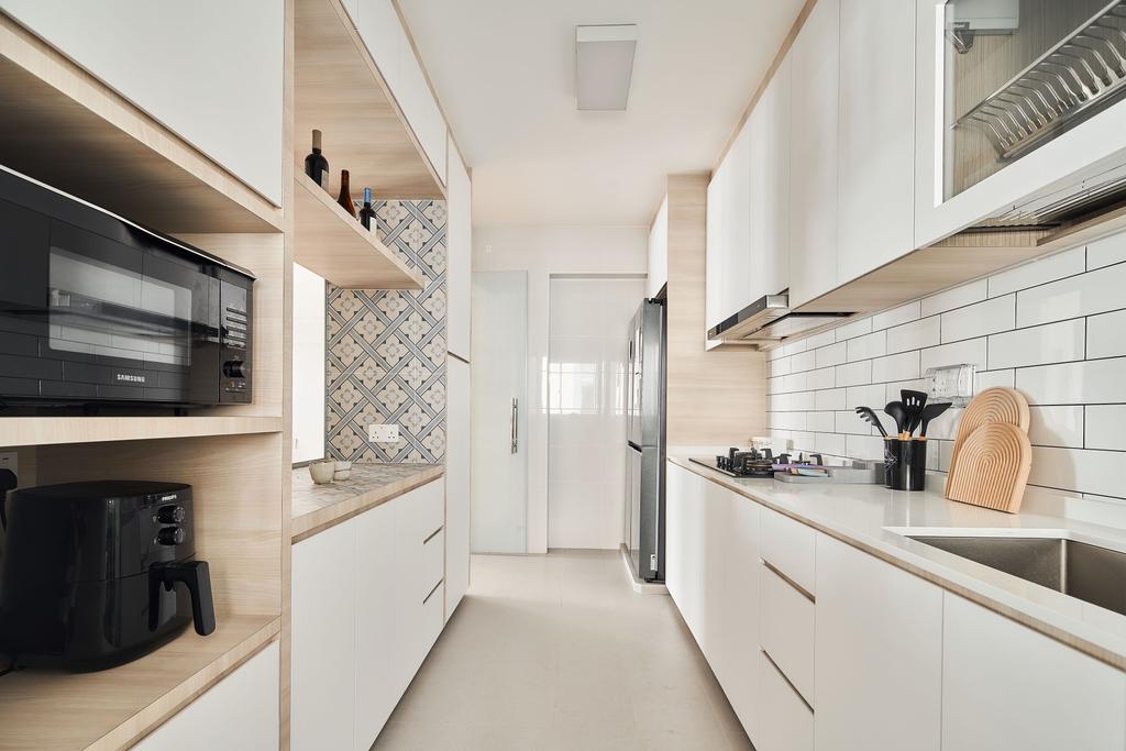 Modern, HDB, Kitchen, Tampines Street 62, Interior Designer, Starry Homestead, Scandinavian, Kitchen Cabinets, Backsplash