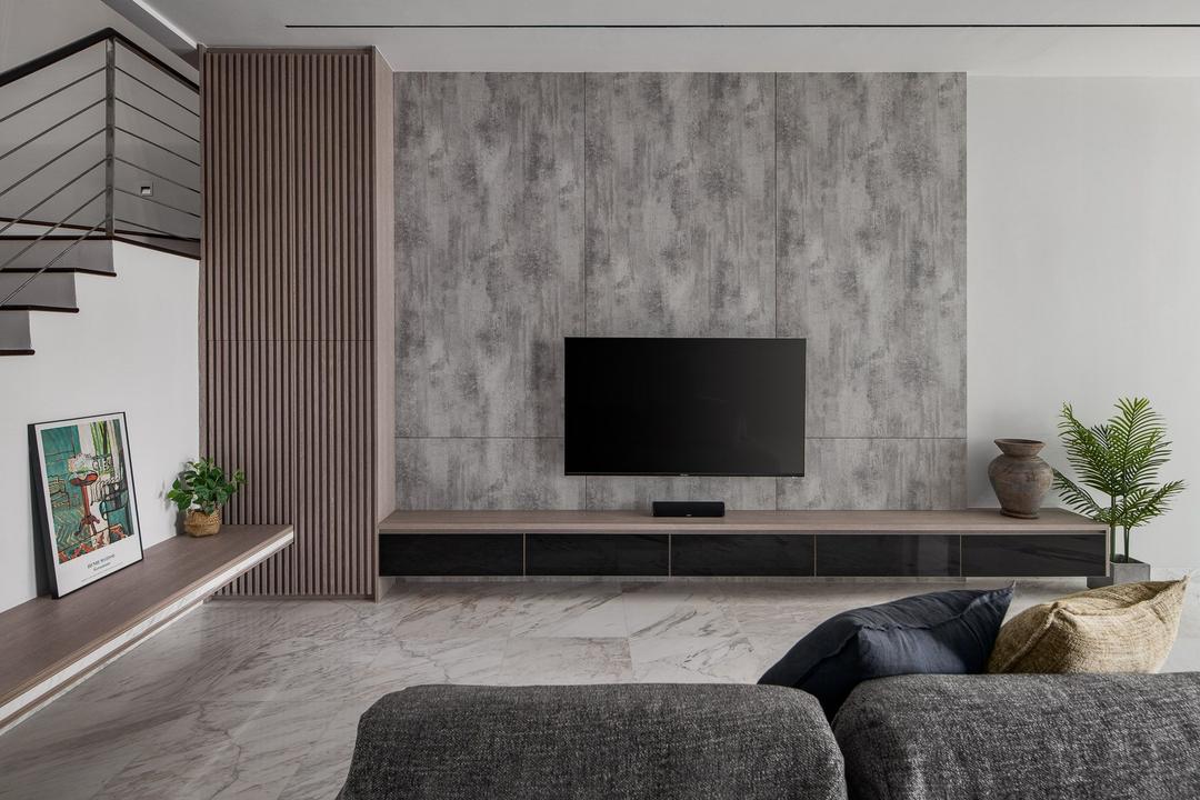 Hougang, Musen Interior, Modern, Contemporary, Living Room, Landed, Tv Console, Feature Wall, Tv Feature Wall