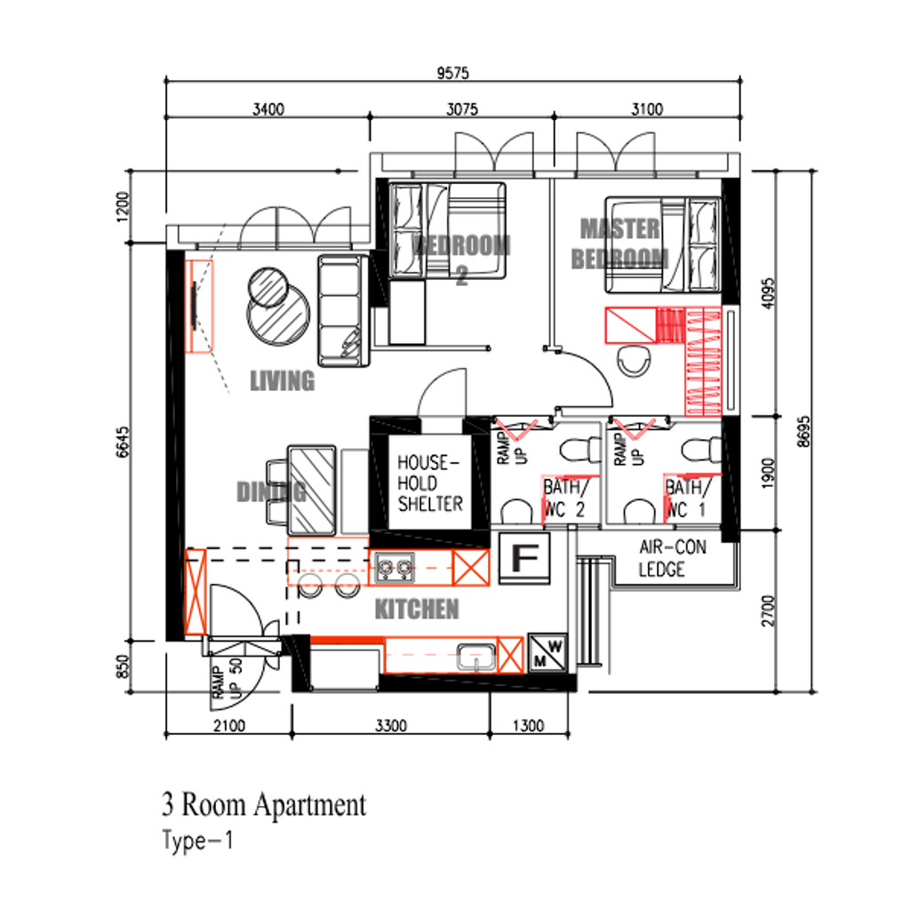 Modern, HDB, Bendemeer Road, Interior Designer, Ingenious Design Solutions, Scandinavian, 3 Room Hdb Floorplan, 3 Room Apartment Type 1, Space Planning