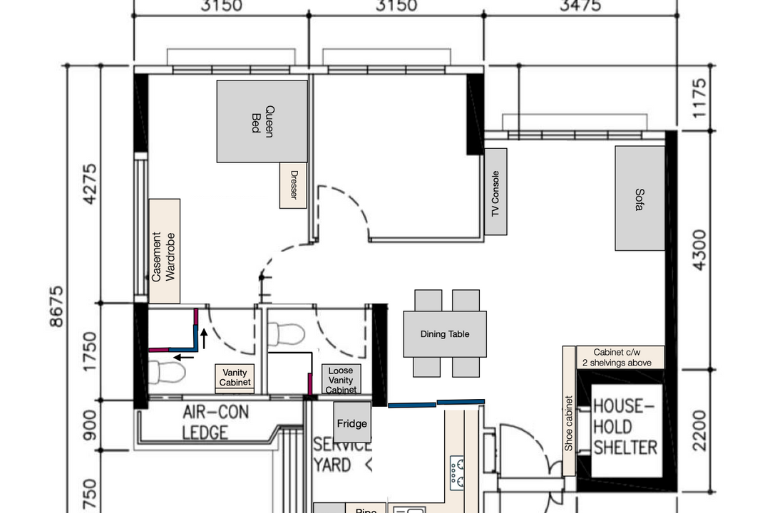 Sumang Lane, Darwin Interior, Scandinavian, HDB, 3 Room Hdb Floorplan, Space Planning, Final Floorplan, 3 Room Apartment Type 3 H