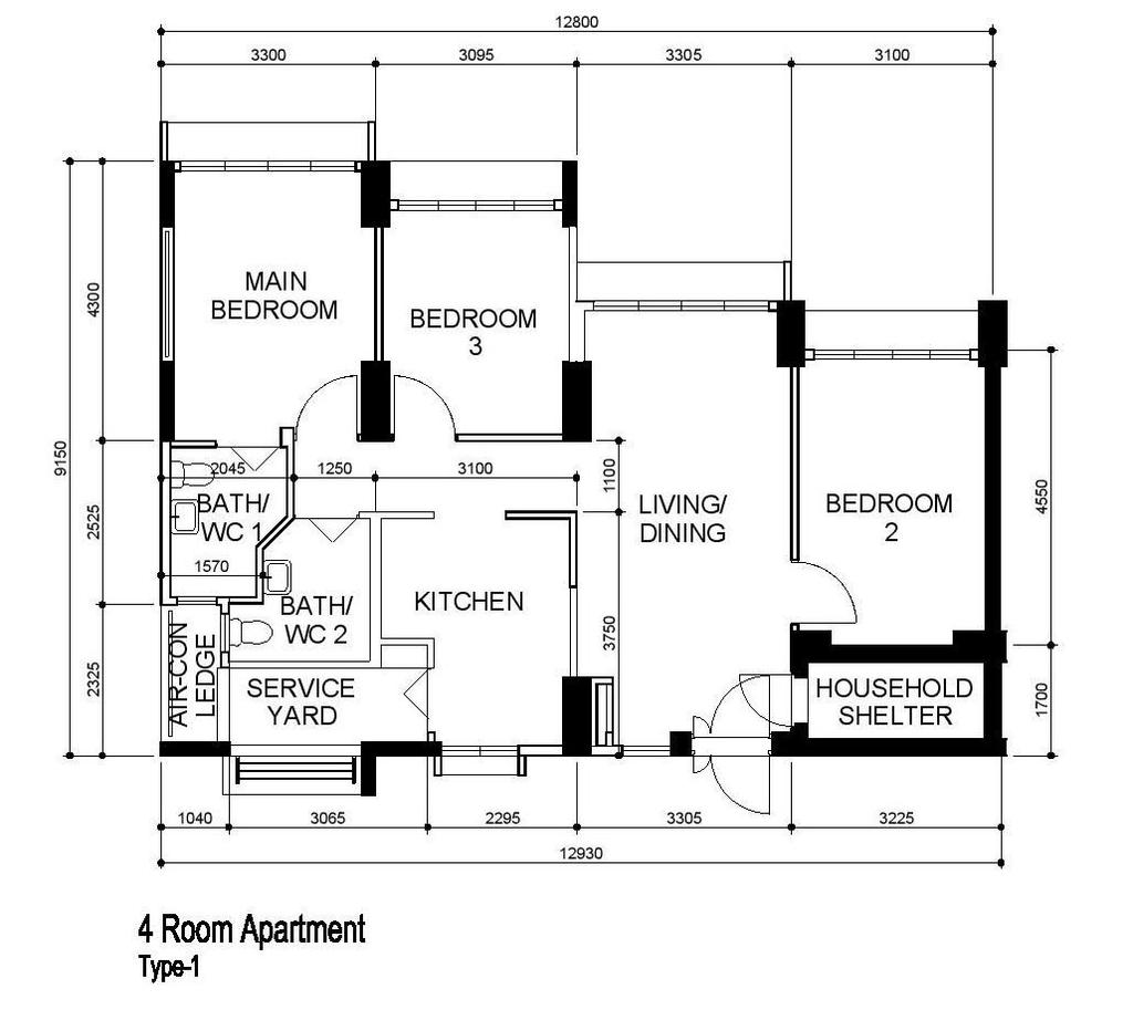 Modern, HDB, Northshore Drive, Interior Designer, Charlotte's Carpentry, 4 Room Apartment Type 1, 4 Room Hdb Floorplan, Original Floorplan
