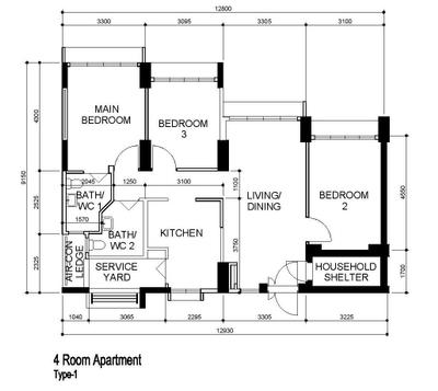 Northshore Drive, Charlotte's Carpentry, Modern, HDB, 4 Room Apartment Type 1, 4 Room Hdb Floorplan, Original Floorplan