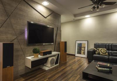 Clementi, M3 Studio, Eclectic, Living Room, HDB, Tv Feature Wall, Grey, Geometric, Mini Ceiling Fan, False Ceiling, Parquet, Speakers, Tv Console, Brown Coffee Table, Table, Sofa, Painting, White, Leather, Feature Wall, Couch, Furniture, Electronics, Lcd Screen, Monitor, Screen