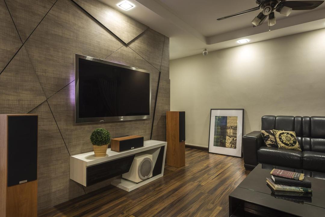 Clementi, M3 Studio, Eclectic, Living Room, HDB, Tv Feature Wall, Grey, Geometric, Mini Ceiling Fan, False Ceiling, Parquet, Speakers, Tv Console, Brown Coffee Table, Table, Sofa, Painting, White, Leather, Feature Wall, Couch, Furniture, Electronics, Lcd Screen, Monitor, Screen