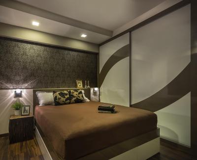 Clementi, M3 Studio, Eclectic, Bedroom, HDB, Wallpaper, Baroque, Muted Tones, Wood Wardrobe, Closet, Brown, Parquet, Side Table, Nightstand, Wicker, Wall Lamp, Couch, Furniture, Bed, Indoors, Interior Design, Banister, Handrail, Staircase, Room