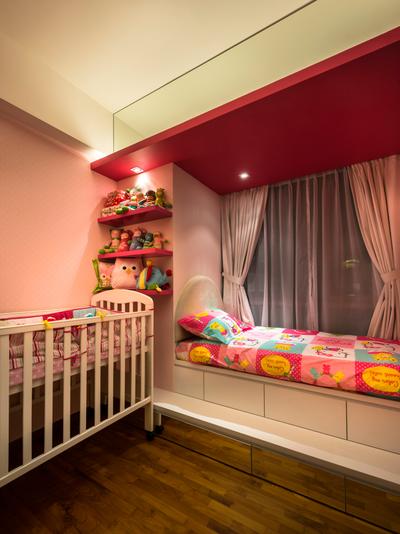Double Bay, M3 Studio, Contemporary, Bedroom, Condo, Kids, Kids Room, Bed, Curtains, Mirror, Red, False Ceiling, Shelf, Shelves, Display Shelf, Cradle, Parquet, White Kitchen Cabinets, Pink, Crib, Furniture, Indoors, Nursery, Room