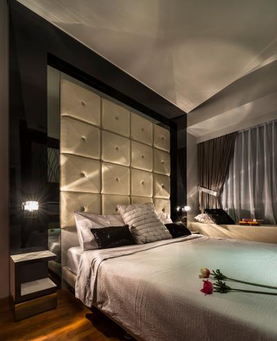Double Bay, M3 Studio, Contemporary, Bedroom, Condo, Window Seat, High Headboard, Quilted Headboard, Tufted Headboard, Padded Headboard, Padded, Wall Lamp, Mirror, Side Table, Nightstand, Tv Feature Wall, Curtains, White, Cushions, Feature Wall, Indoors, Interior Design