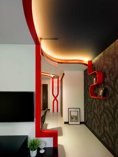 Punggol Drive, M3 Studio, , Living Room, , Wallpaper, Shelf, Display Shelf, Painting, Concealed Lighting, False Ceiling, Curved, White, Red, Projection Screen, Screen, Indoors, Interior Design