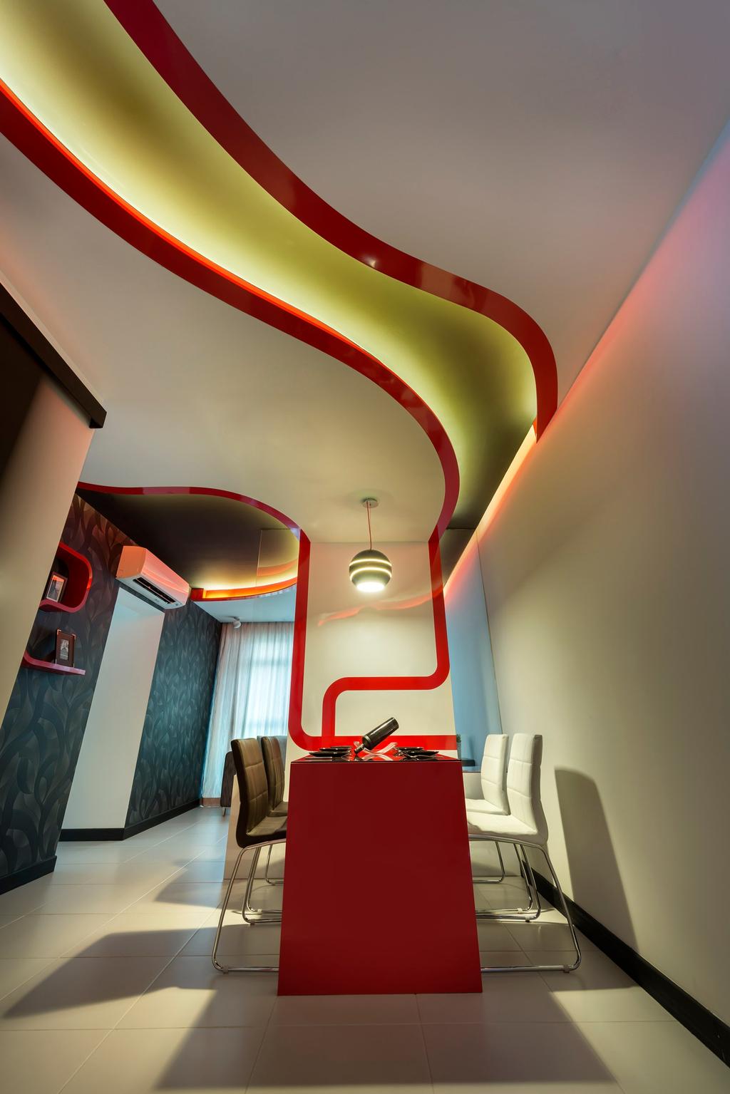 Eclectic, HDB, Dining Room, Punggol Drive, Interior Designer, M3 Studio, Dining Table, Table, Chair, White, Red, Concealed Lighting, False Ceiling, Curved, Wallpaper, Tile, Tiles, Shelf, Display Shelf, Curtains, Light Fixture