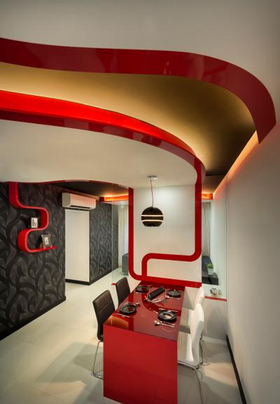 Punggol Drive, M3 Studio, Eclectic, Dining Room, HDB, Dining Table, Black, White, Red, Chair, Hanging Light, Pendant Light, Lighting, Shelf, Display Shelf, Wallpaper, Concealed Lighting, False Ceiling, Curved, Glass Wall