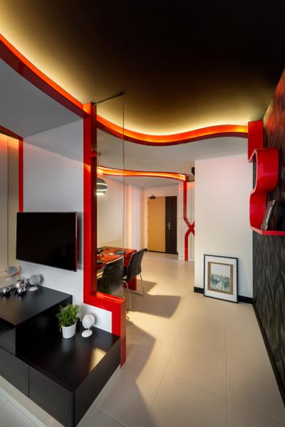 Punggol Drive, M3 Studio, Eclectic, Dining Room, HDB, Tv Console, Black, Red, White, Concealed Lighting, False Ceiling, Curved, Shelf, Dining Table, Table, Hanging Light, Pendant Light, Tile, Tiles, Glass Wall, Painting, Art, Art Gallery, Electronics, Lcd Screen, Monitor, Screen