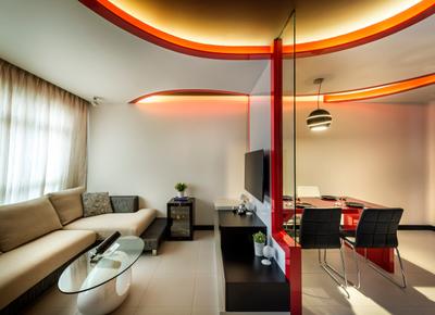 Punggol Drive, M3 Studio, Eclectic, Living Room, HDB, Curved, False Ceiling, White, Red, Sofa, Brown Coffee Table, Table, Tv Console, Mirror, Full Length Mirror, Curtains, Black, Side Table, Wine Cooler, Chair, Furniture, Indoors, Interior Design