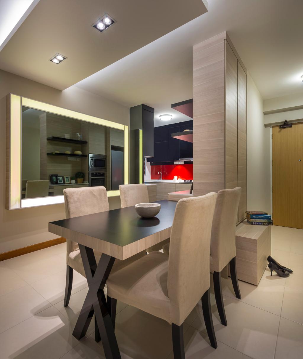 Contemporary, HDB, Dining Room, Punggol Place, Interior Designer, M3 Studio, Dining Table, Table, Chair, Black, Mirror, Tinted Mirror, Concealed Lighting, Indented Lighting, Recessed Lights, False Ceiling, Bench, Wood Laminate, Wood, Laminates, White Kitchen Cabinets, Couch, Furniture, Indoors, Interior Design, Room