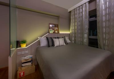 Punggol Place, M3 Studio, Contemporary, Bedroom, HDB, Indented Wall, Recessed Wall, Curtains, Glass Wall, Wood Laminate, Wood, Laminates, Recessed Lights, Indented Lighting, Indoors, Interior Design, Room, Bed, Furniture
