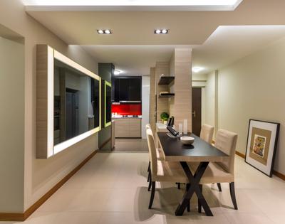 Punggol Place, M3 Studio, Contemporary, Dining Room, HDB, Dining Table, Chair, Wood Laminate, Wood, Laminates, Recessed Lights, Indented Lighting, Concealed Lighting, False Ceiling, Mirror, Tinted Mirror, Shelf, Shelves, Painting, White, Furniture, Table, Art, Art Gallery, Indoors, Interior Design, Room