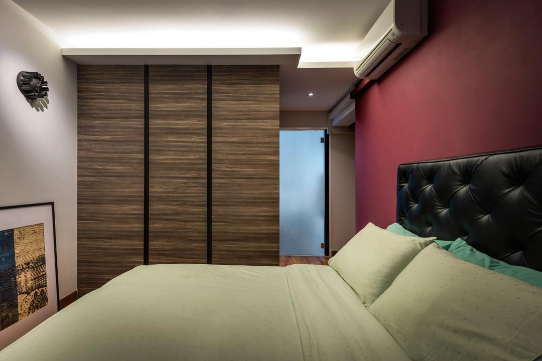 Punggol Walk, M3 Studio, Contemporary, Bedroom, HDB, Wood Laminate, Wood, Laminates, Concealed Lighting, False Ceiling, Wall Art, Wall Sculpture, White, Pink, Accent Wall, Closet, Wood Wardrobe, Painting, High Headboard, Quilted Headboard, Master Bedroom, Hardwood, Stained Wood, Indoors, Interior Design, Room